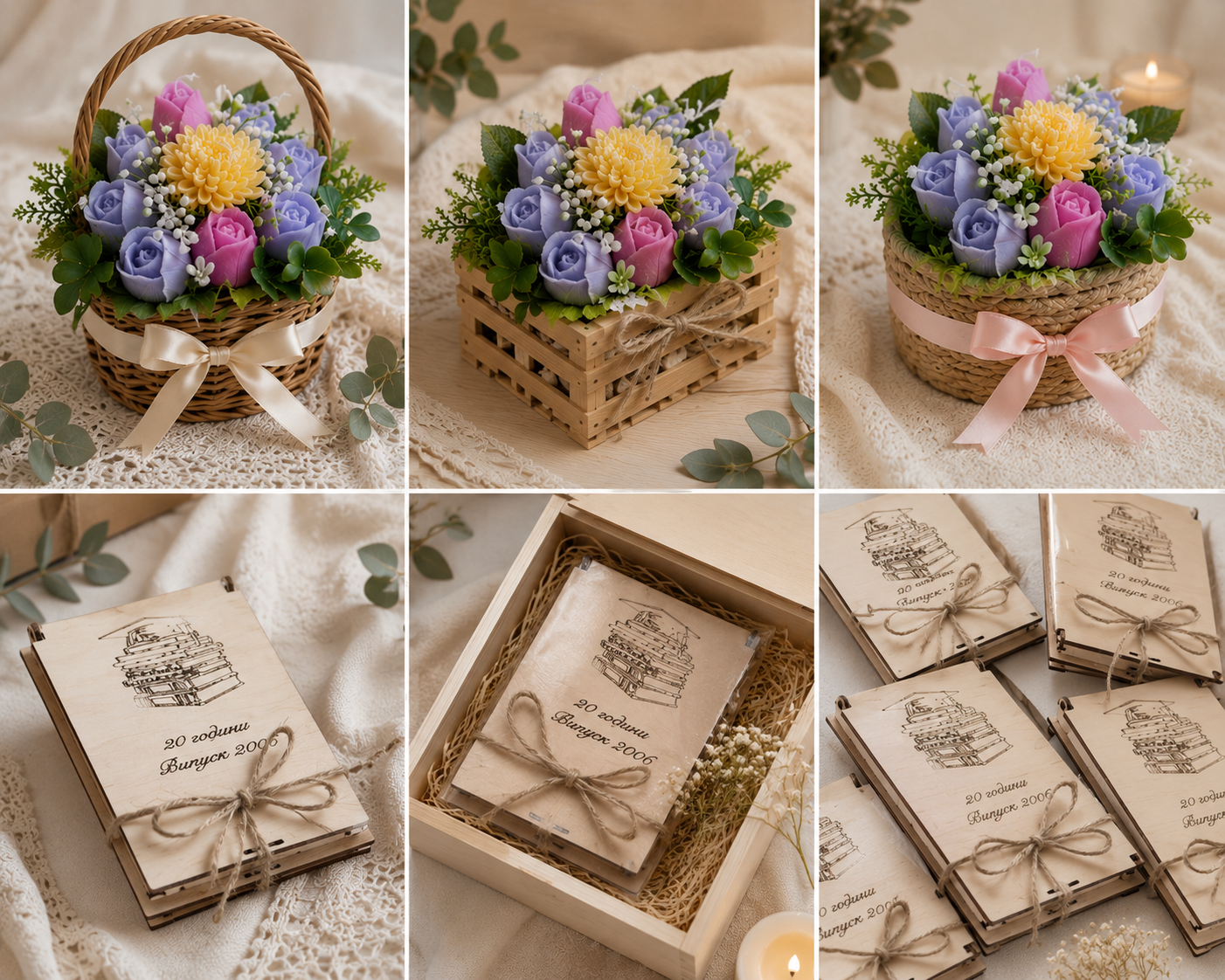 Кошнички с ароматни цветя и подаръчни кутии